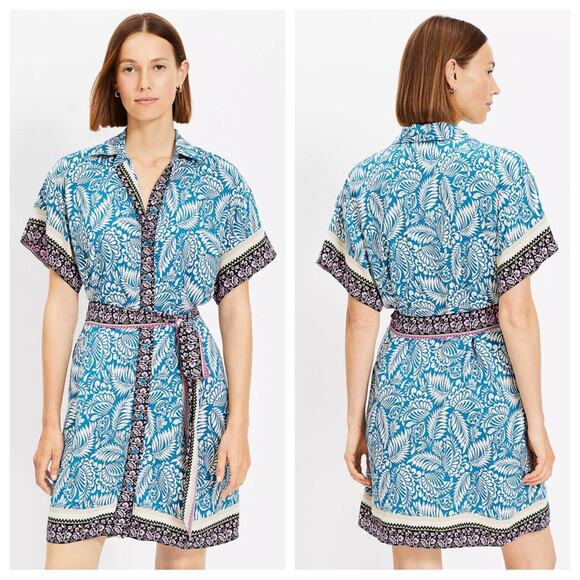 NWT LOFT Palm Collared Tie Waist Mini Dress in Grotto Teal - Size 4 - Picture 1 of 7